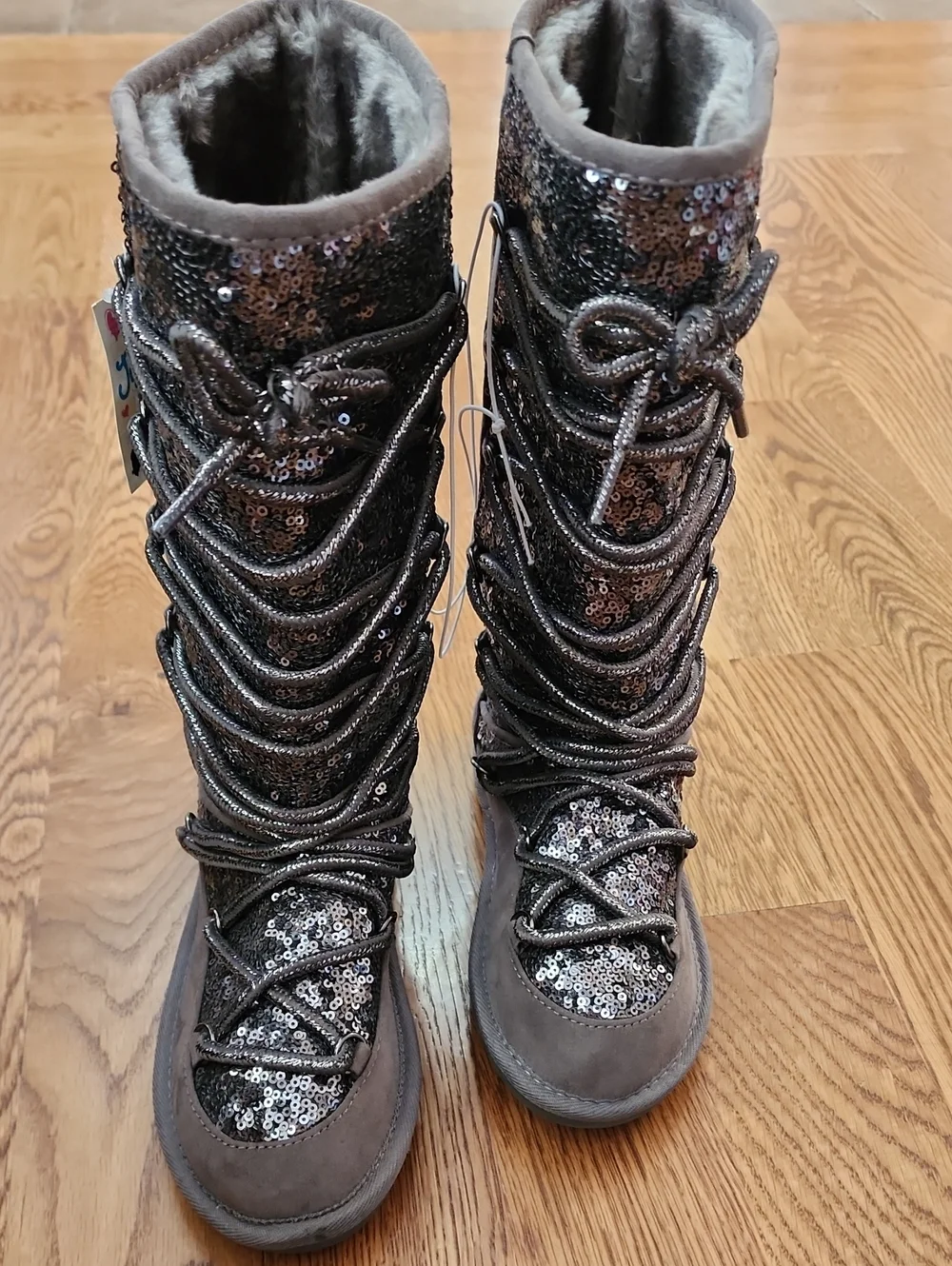 NWT Deadstock Y2K Justice Girls Sequin Lace-Up Mid'Calf Winter Mukluk Boots Sz 4